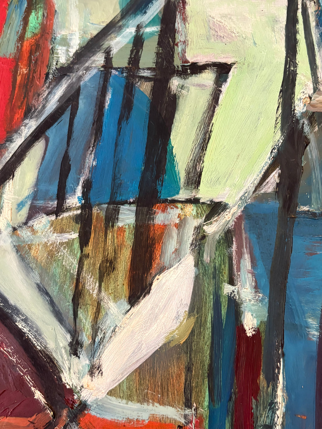 Large Mid Century original abstract Cubist painting on board, framed vintage art