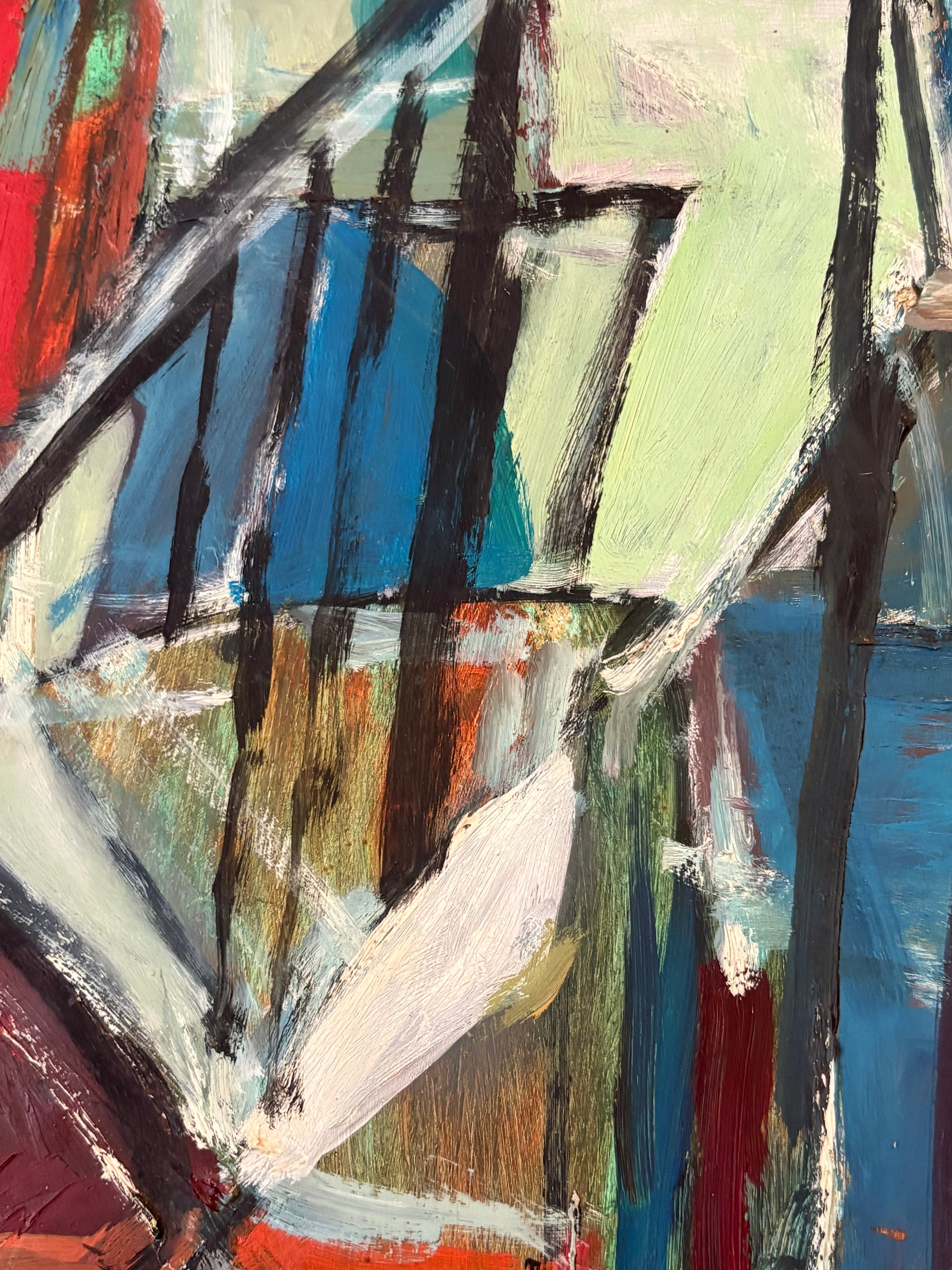 Large Mid Century original abstract Cubist painting on board, framed vintage art