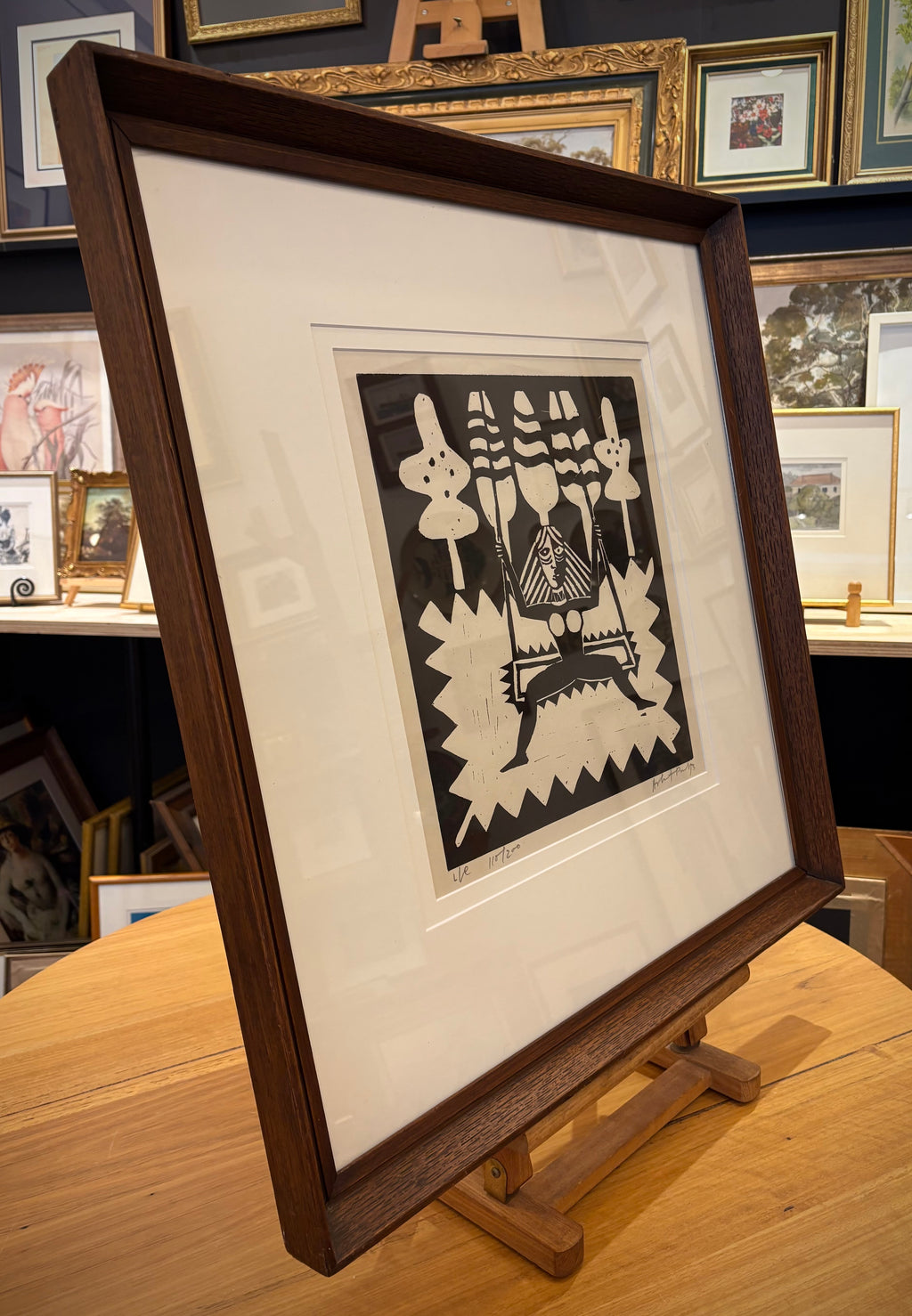 Large 1973 original linocut artwork, Ashit Paul, mythical, vintage framed art