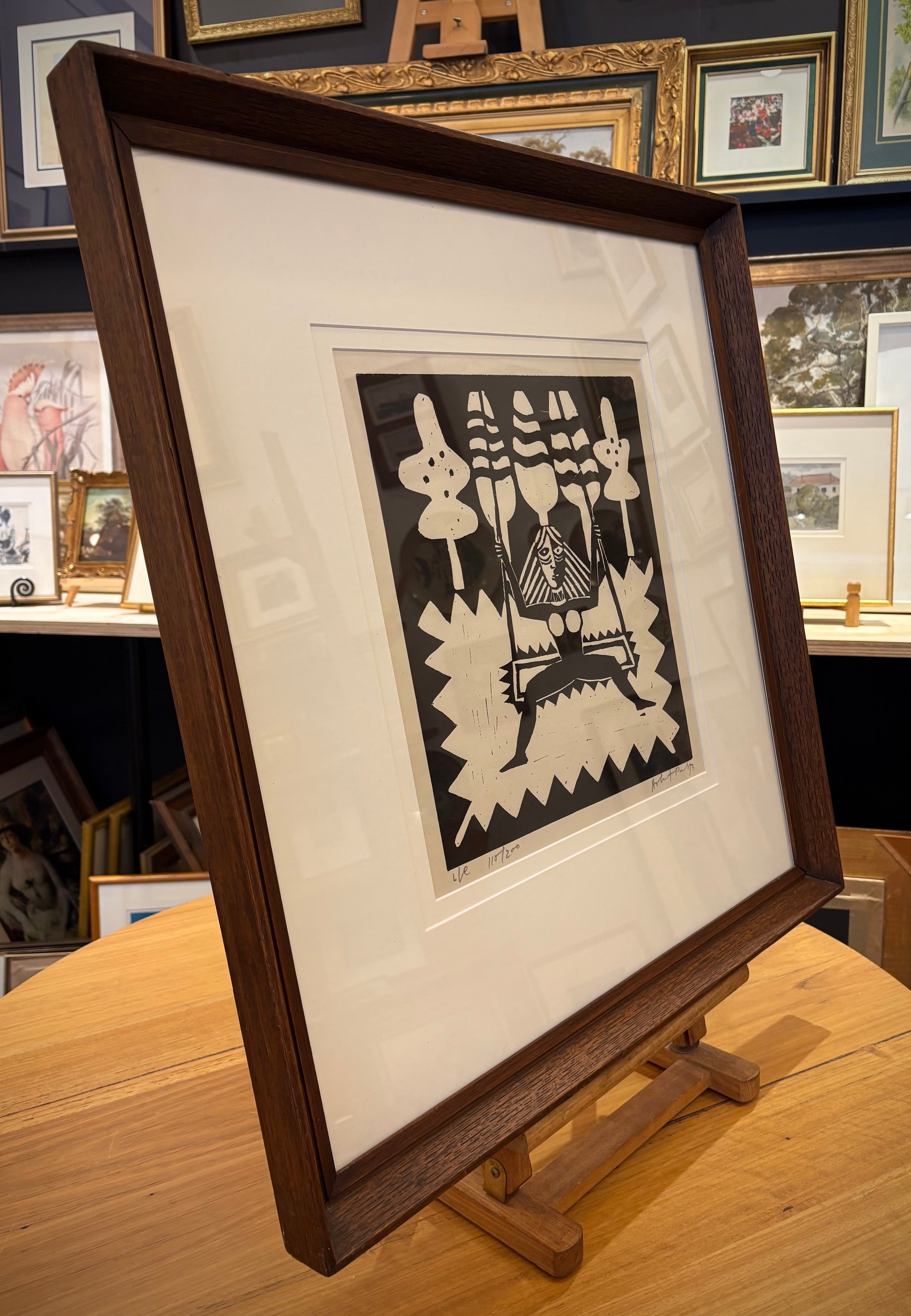 Large 1973 original linocut artwork, Ashit Paul, mythical, vintage framed art