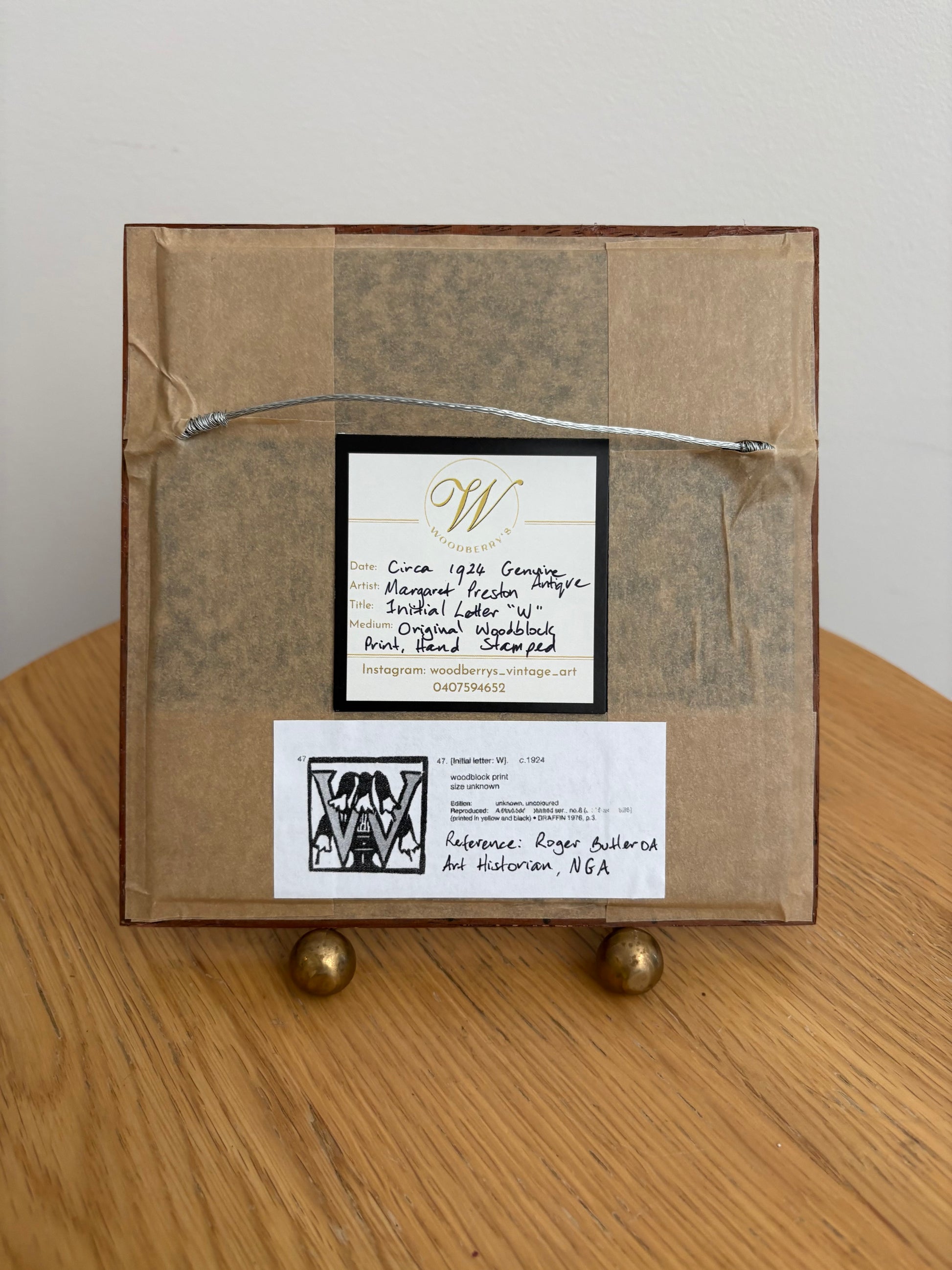1920s Original Margaret Preston woodblock print, “Letter W”, antique framed art