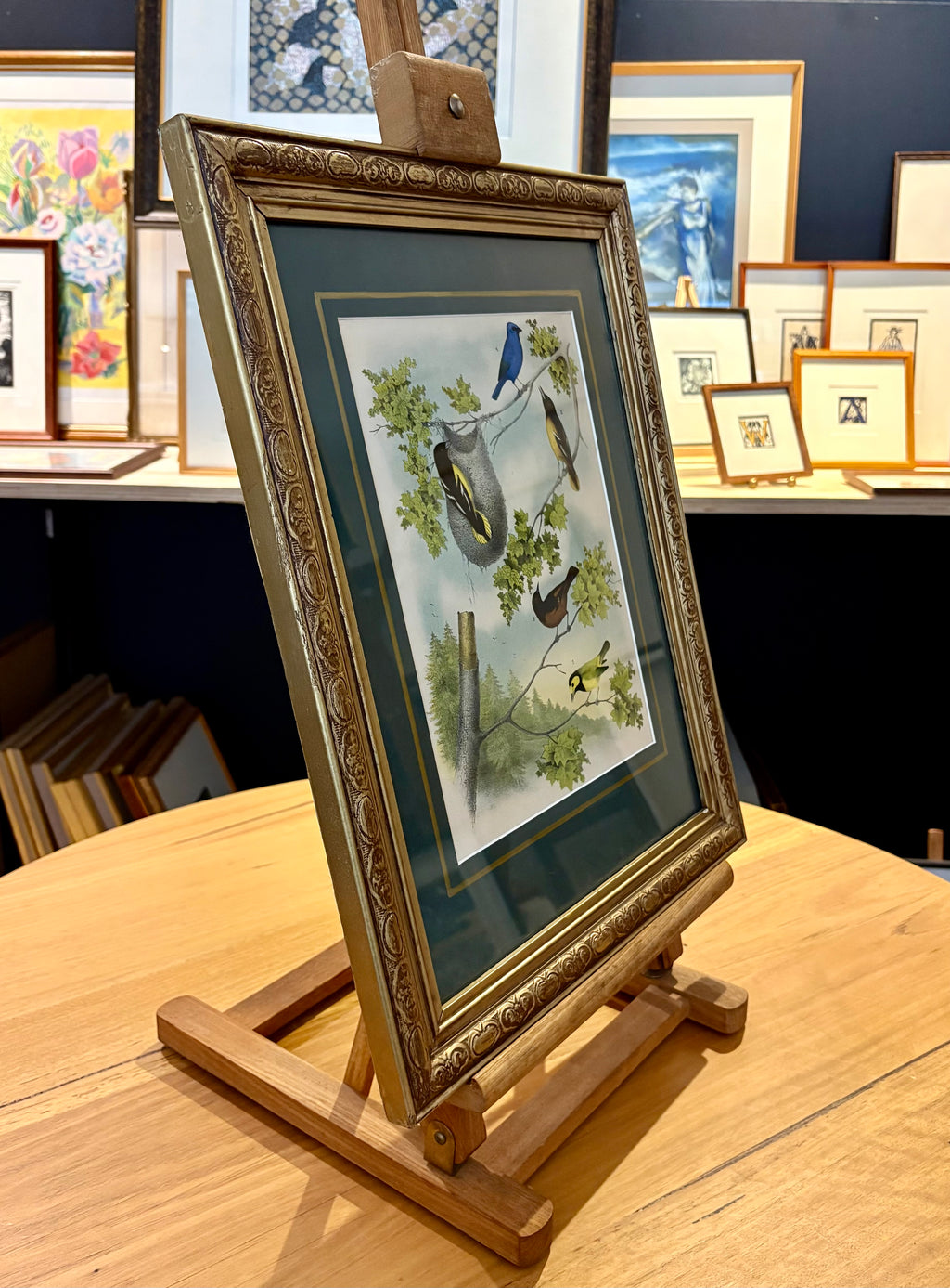 1870s Genuine antique, Birds, chromolithograph, gilt frame, original vintage art
