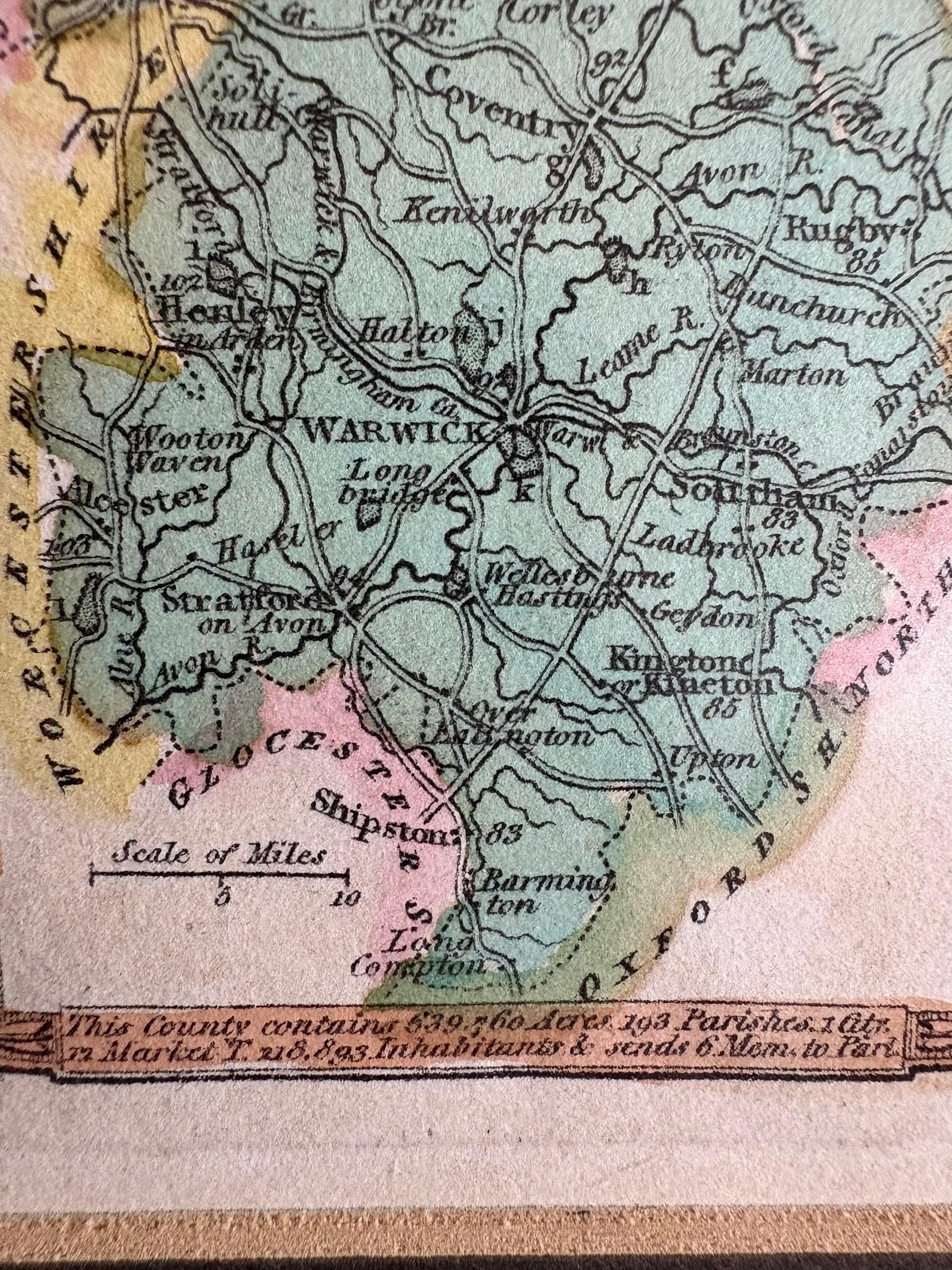 Antique miniature map, Warwickshire, hand coloured engraving, framed