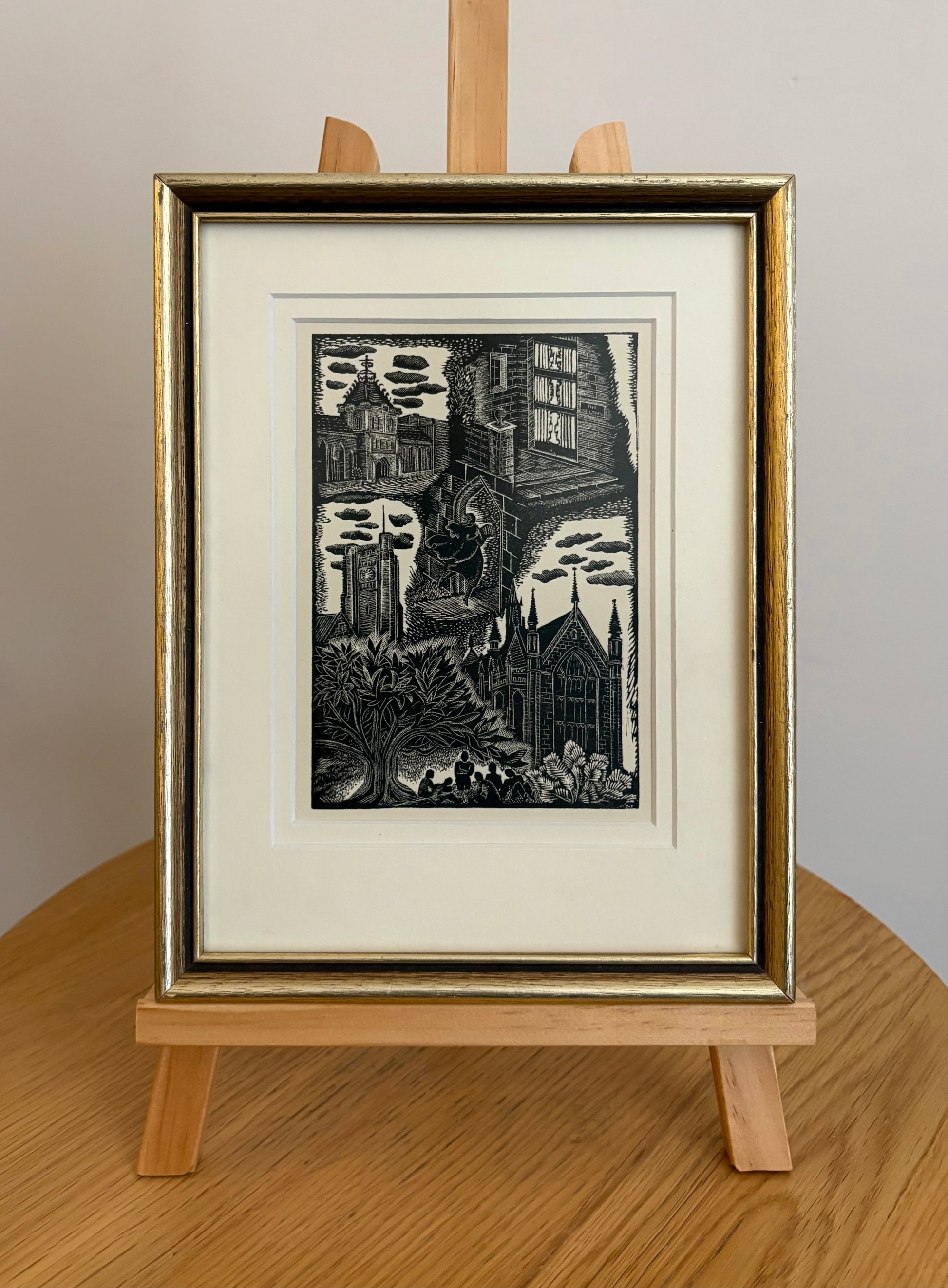 Original Helen Ogilvie woodblock print "Melbourne University", framed art, Architecture, Australian artwork