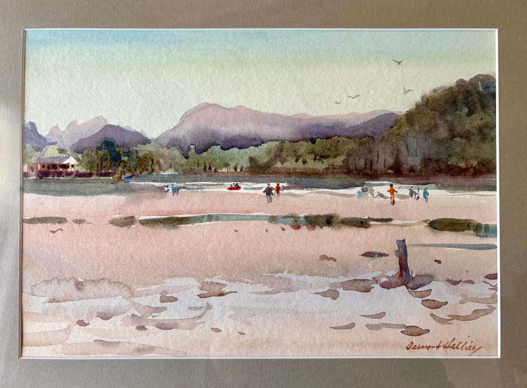 Mid Century original watercolour painting, Dermont Hellier, Australian beach, framed art
