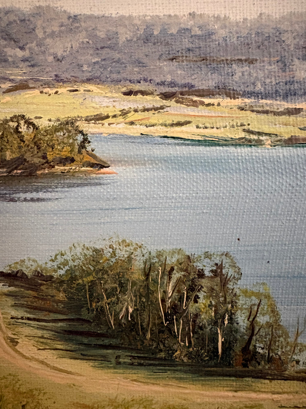 Original Australian landscape painting, vintage framed art, lake