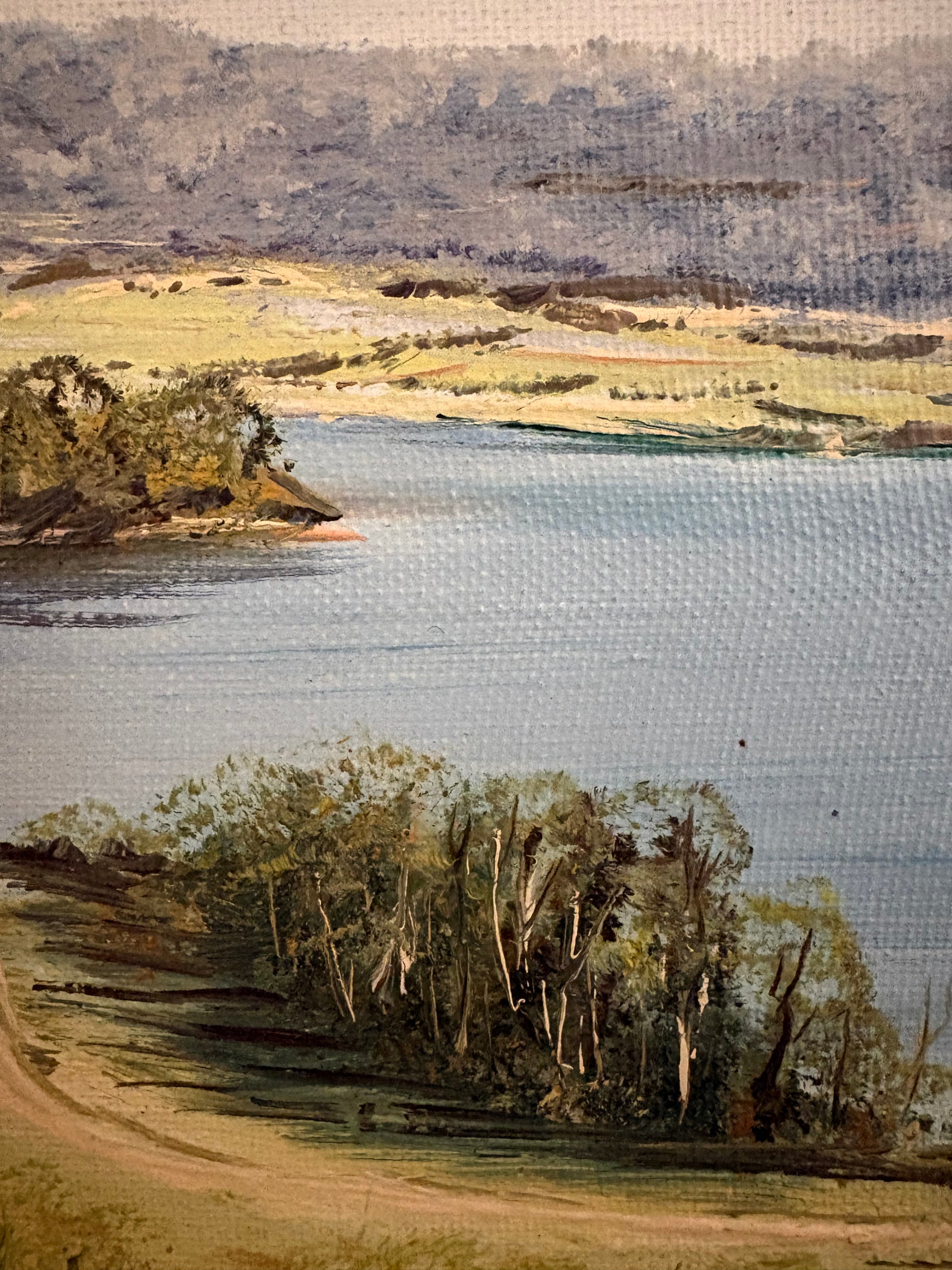 Original Australian landscape painting, vintage framed art, lake