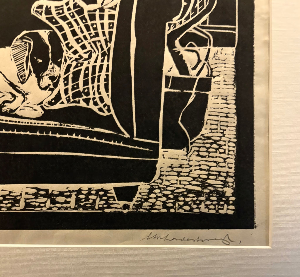 Vintage original lino print, dog, cat, signed framed art
