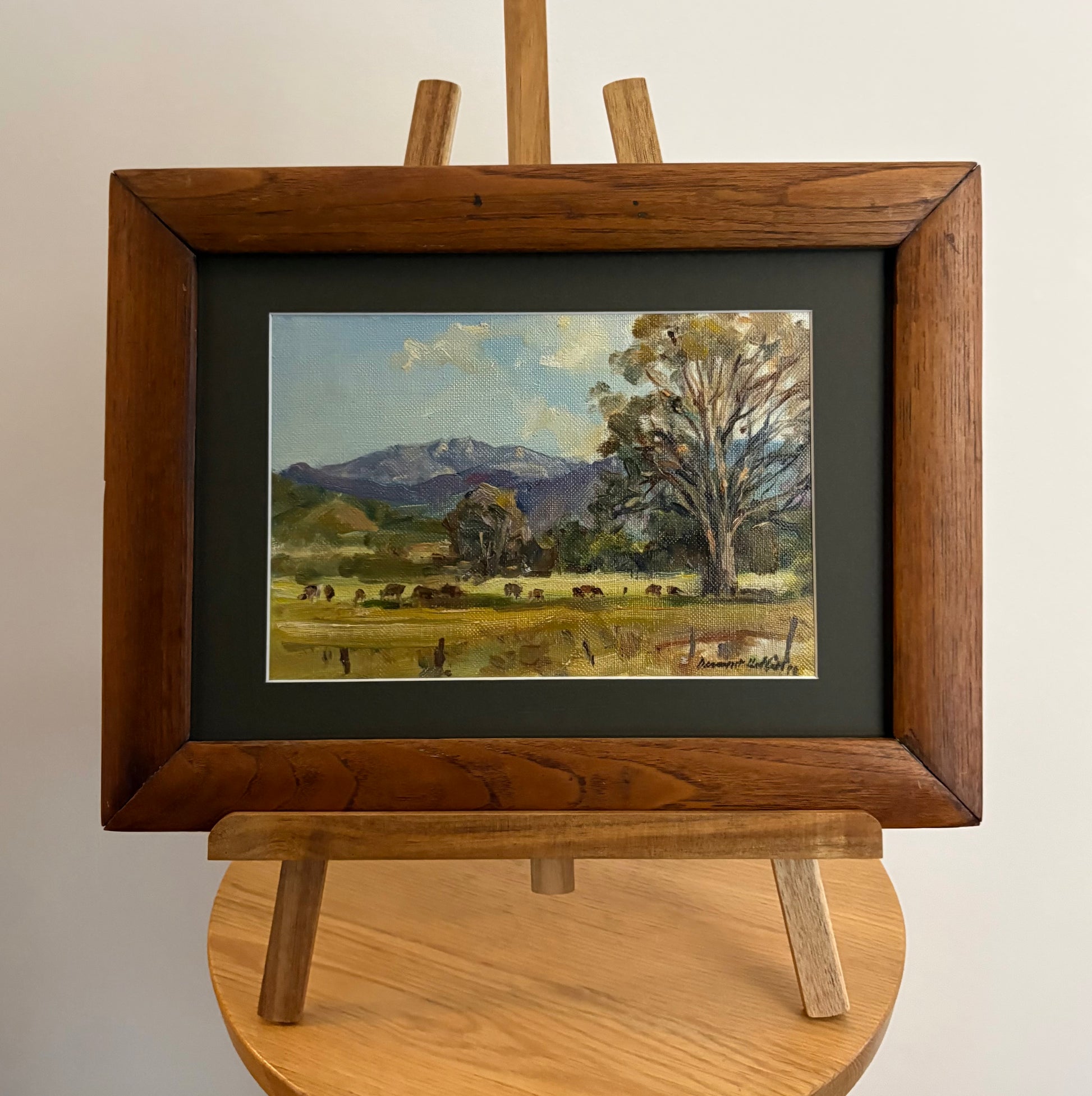 Mid Century original oil painting, Dermont Hellier, Australian bush, cows, framed art
