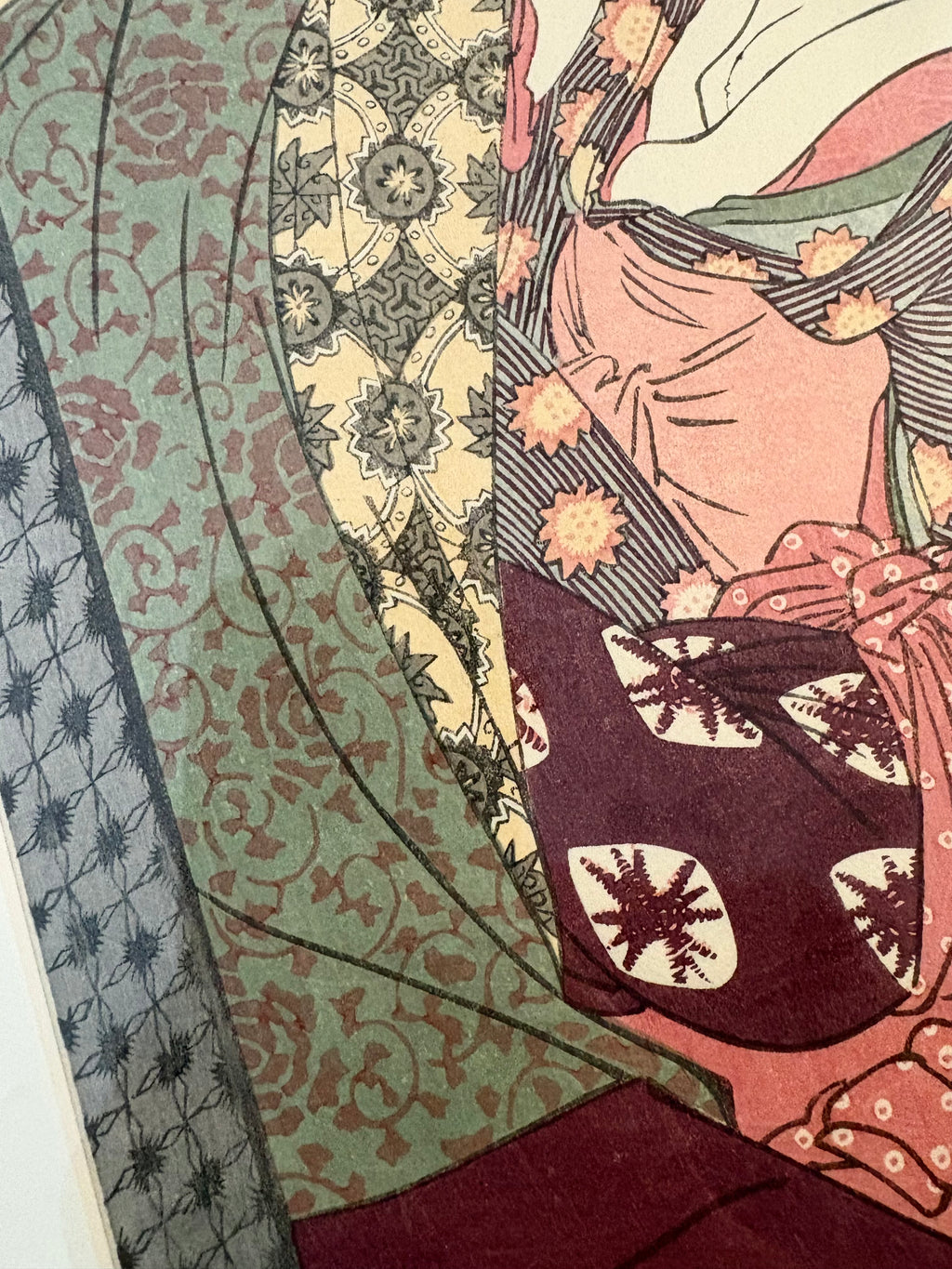 Original woodblock print, reproduction after Utamaro, framed Japanese vintage art