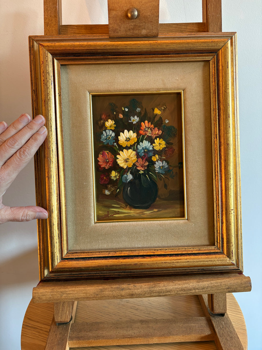Original still-life painting on copper, daisies, framed art