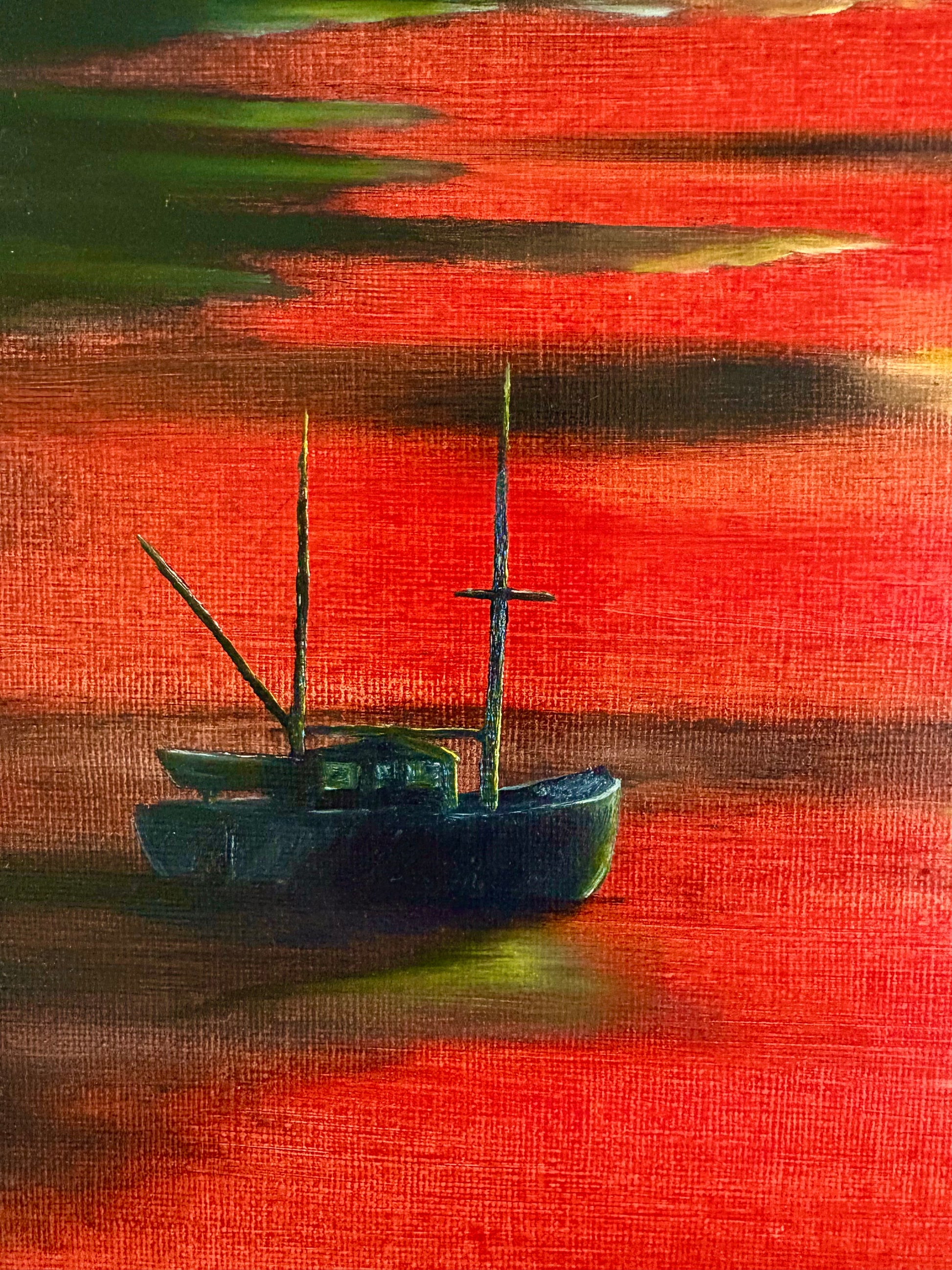 1970s original painting, retro, signed, fishing boat, sunset, framed art