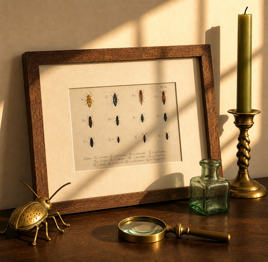 1790s genuine antique beetle artwork, hand coloured engraving, framed