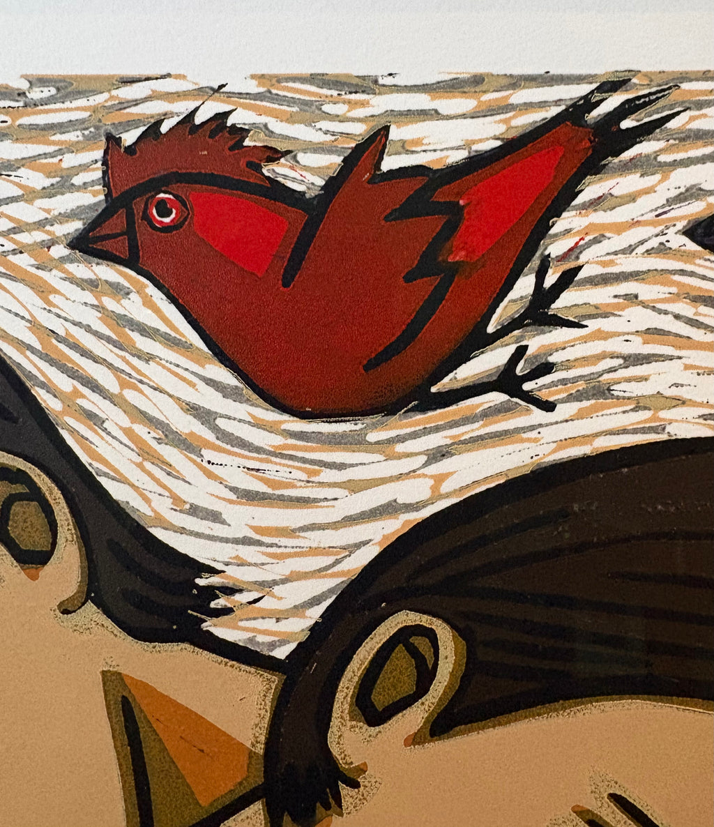 Large original linocut print, Anita Klein, The Birds and the Grandchild, framed art