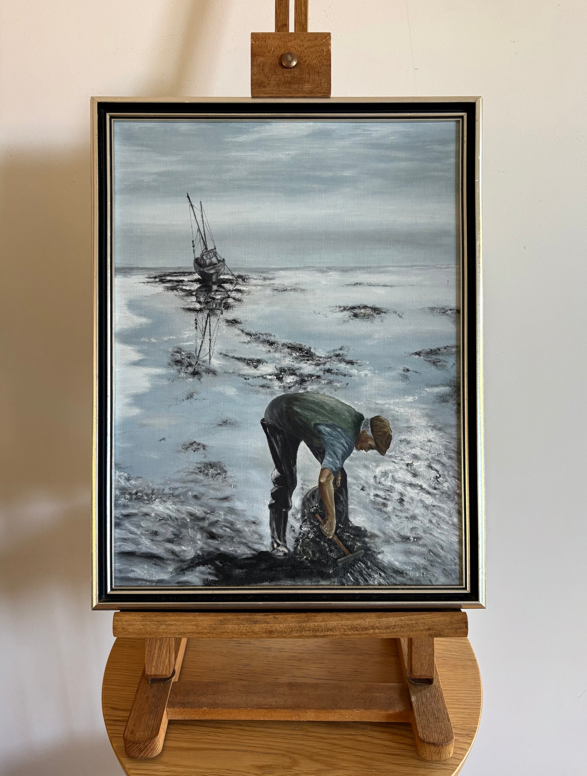 Original 1970s oil painting on board, vintage framed art, fishing