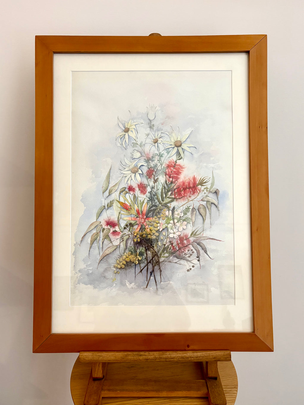 Original watercolour painting, native Australian flowers, Huon Pine frame, vintage