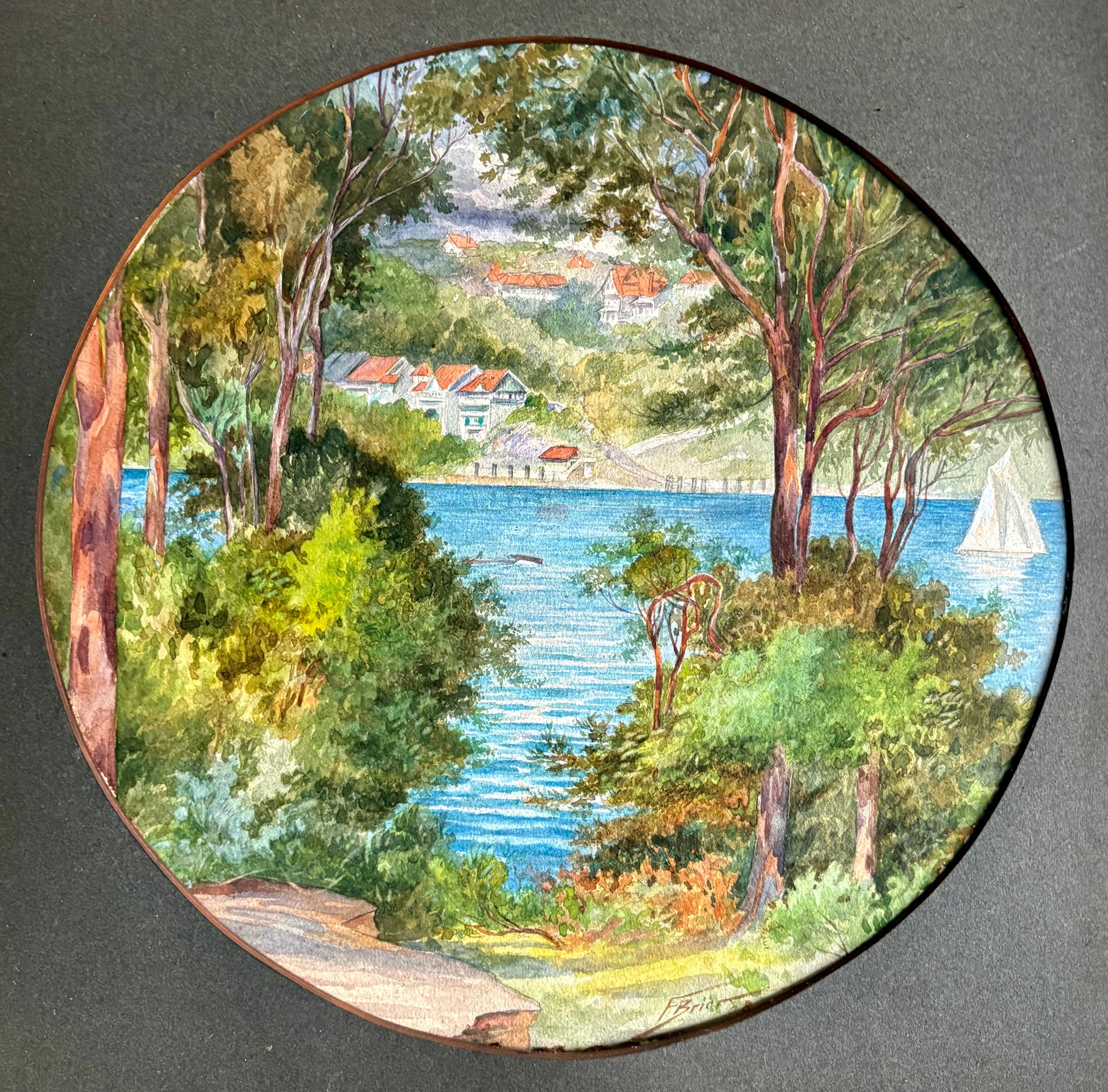 1908 original antique painting, Frederick Briar, Mosman NSW, yacht, framed art