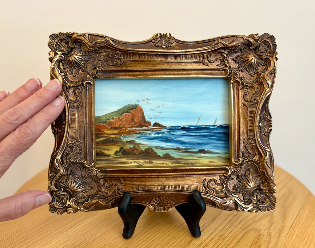 1900s Antique original painting, gilt frame, coastal, yachts