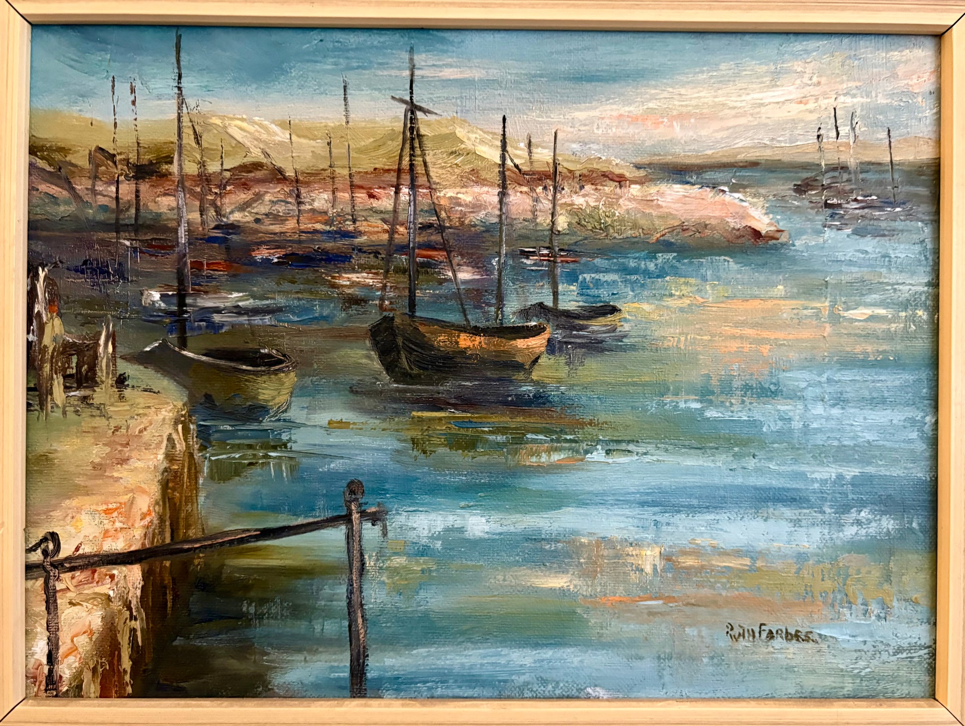 Vintage original painting, sailboats, signed framed artwork