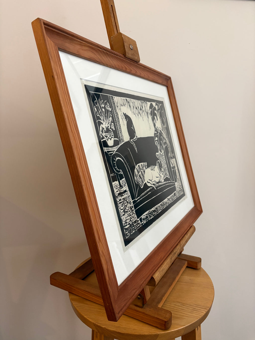 Vintage original lino print, dog, cat, signed framed art