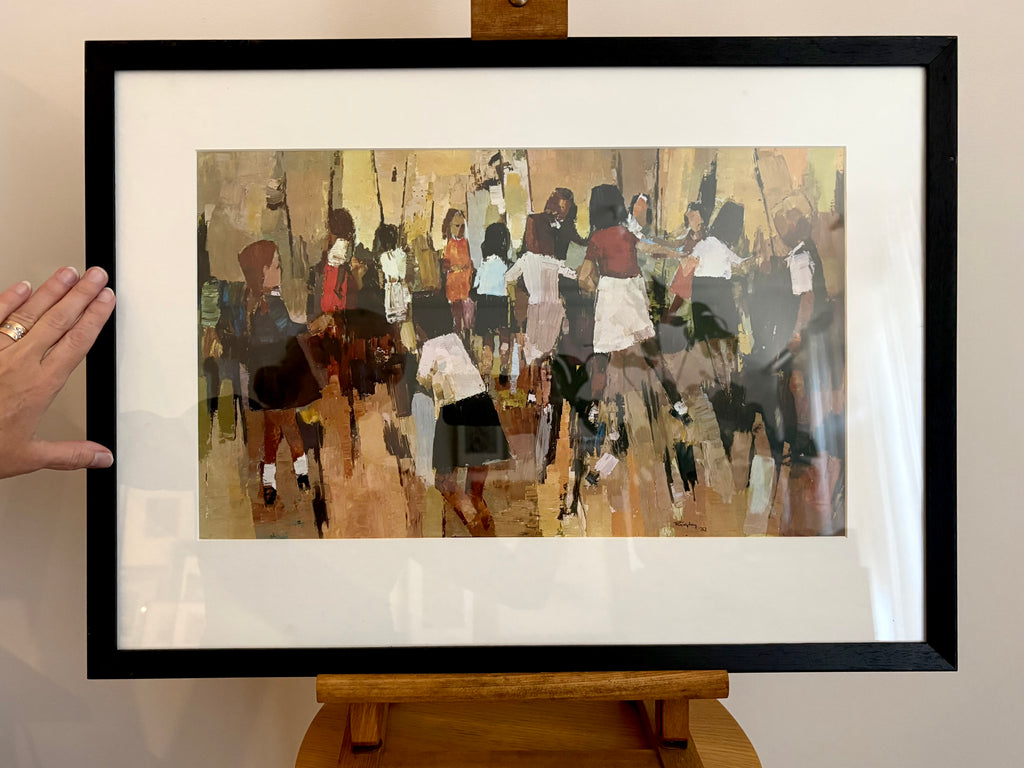 Large 1970s gallery print, John Rigby “Children Dancing, vintage framed art