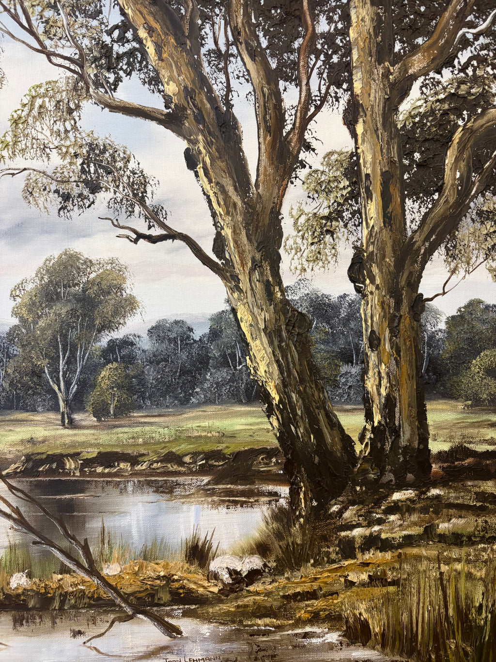 Large 1974 original Joan Lehmann oil painting on canvas, Australian landscape, framed art