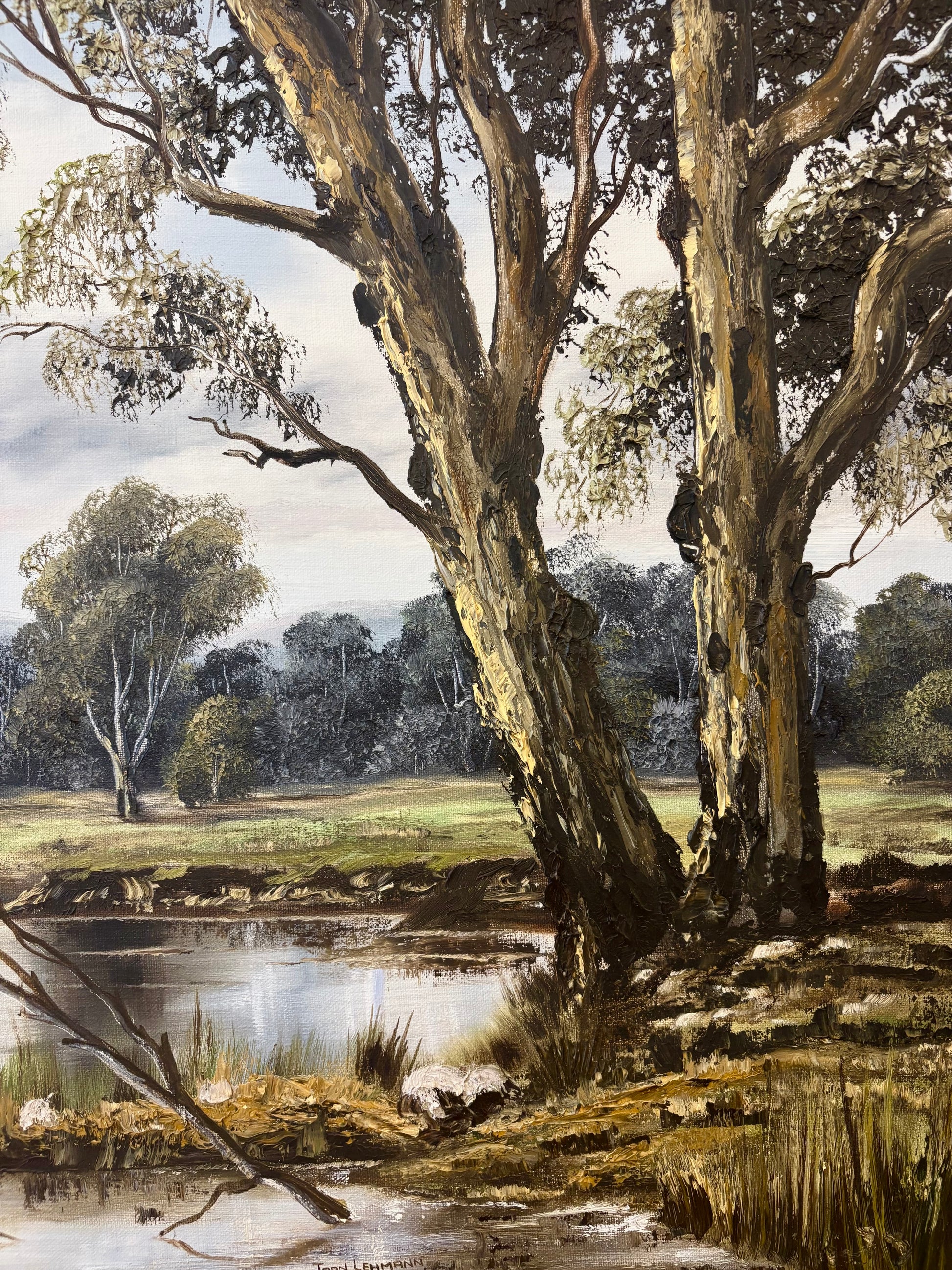 Large 1974 original Joan Lehmann oil painting on canvas, Australian landscape, framed art