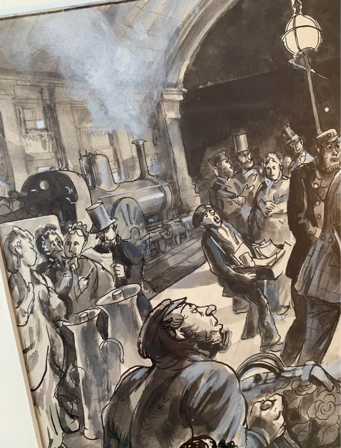 Original Steven Spurrier black and white illustration, circa 1940's artwork, London train station, vintage framed art