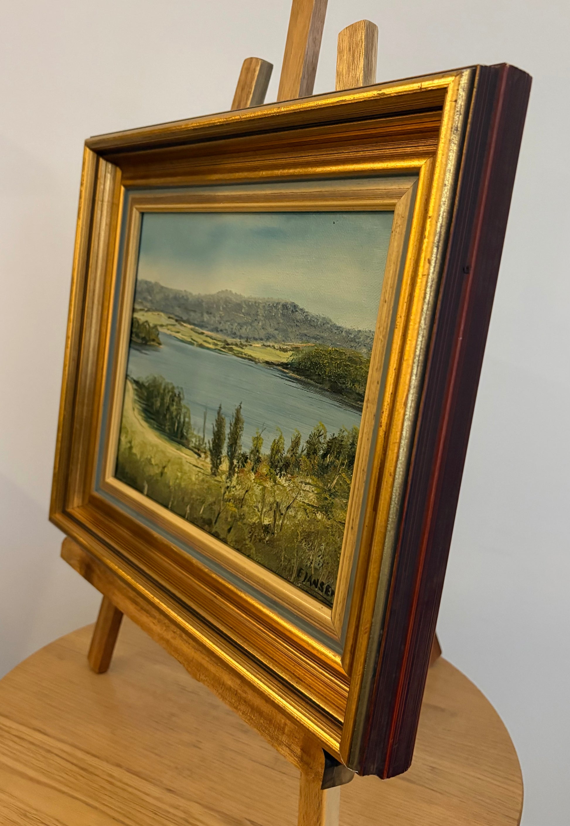 Original Australian landscape painting, vintage framed art, lake