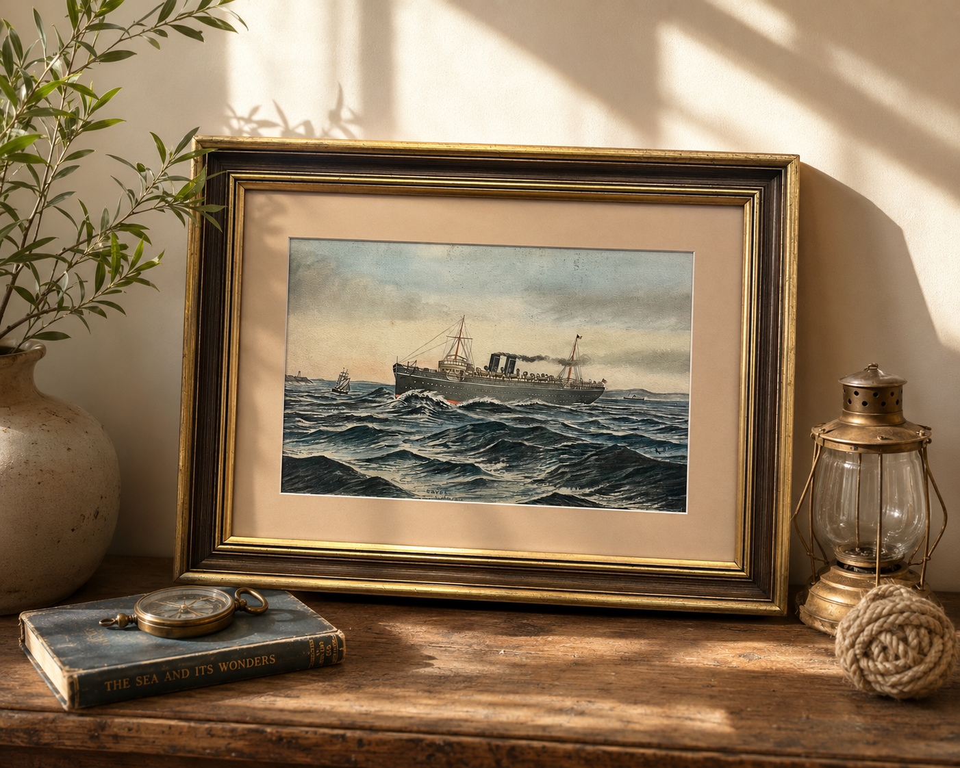 1900s Original watercolour painting, ship, antique framed art