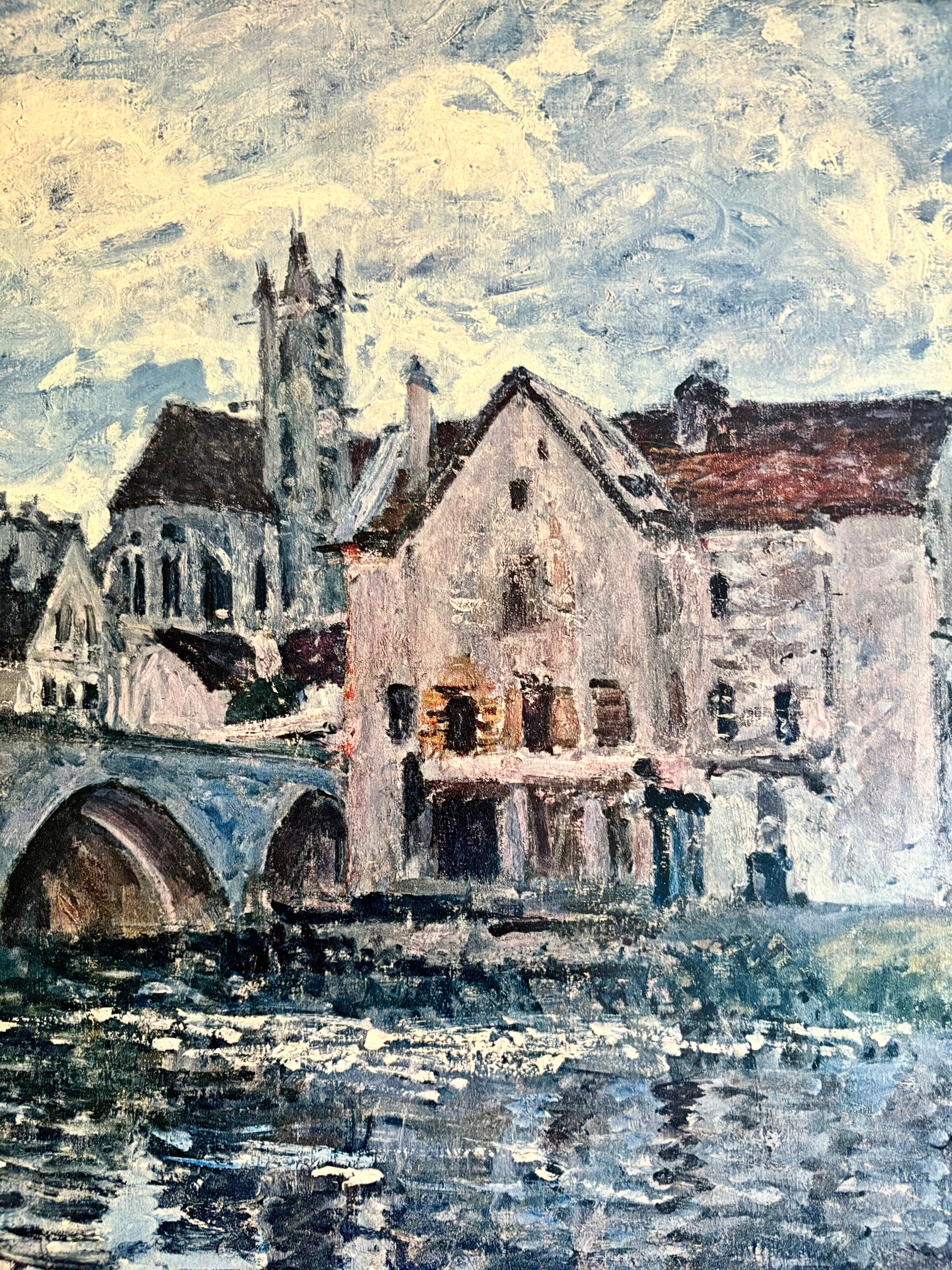 Large vintage Alfred Sisley print, framed art, bridge, French