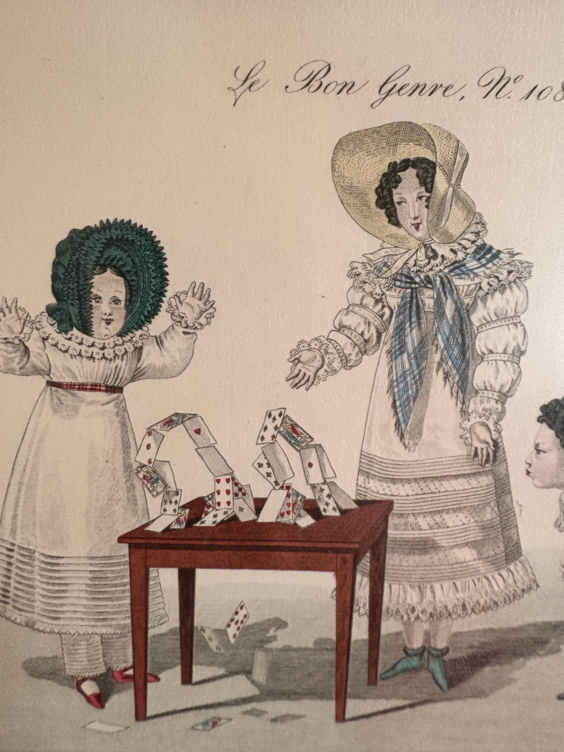 French 1931 engraving, hand coloured, “House of Cards”, antique framed art