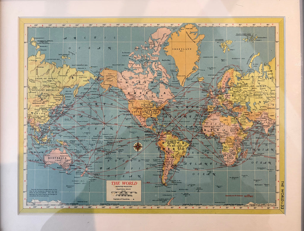 1950s vintage mid century framed map of The World