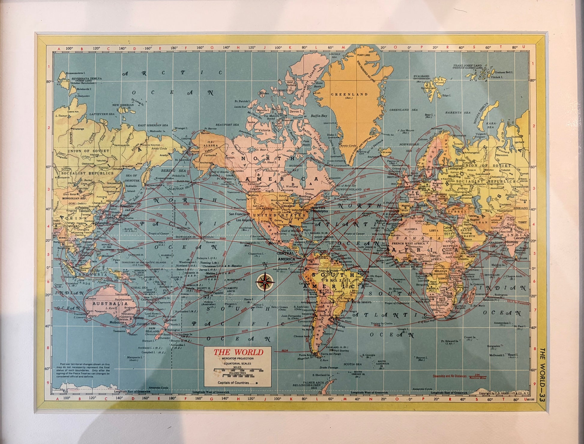 1950s vintage mid century framed map of The World