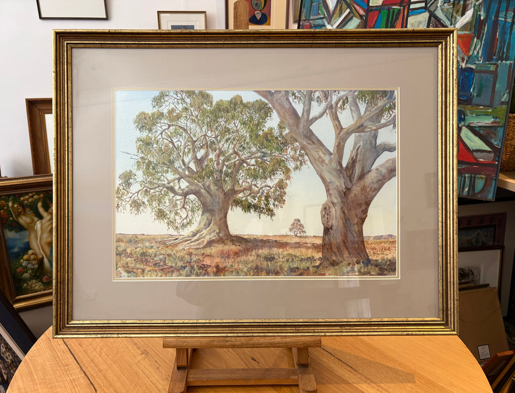 Original Australian watercolour painting, John Flexmore, gum trees, vintage framed art