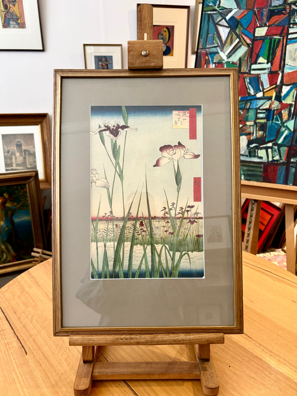1978 Japanese print after Hiroshige’s woodblock artwork, framed vintage wall art, Iris flower