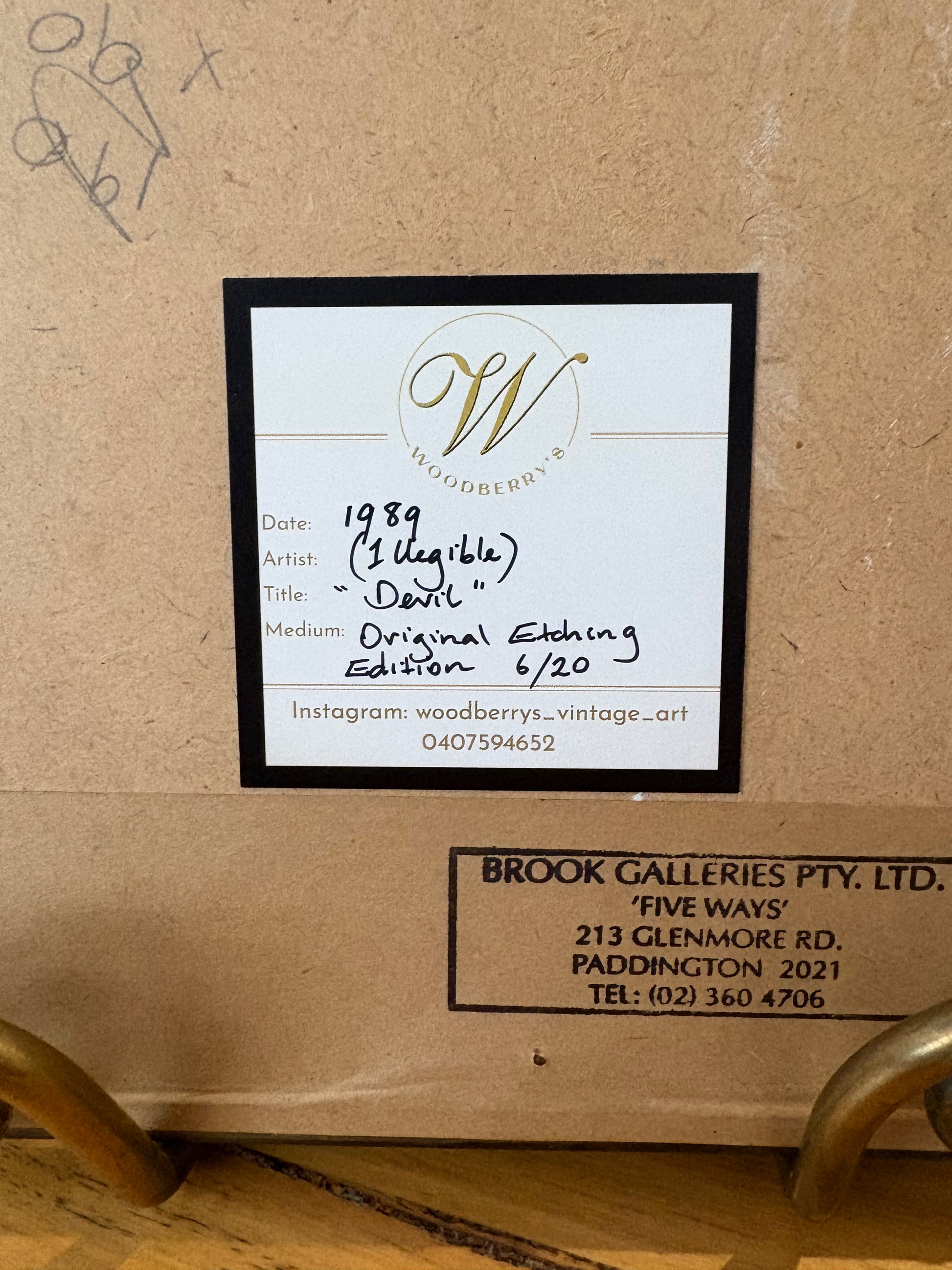 Original Etching, edition 6/20, signed, “Devil”, framed vintage art