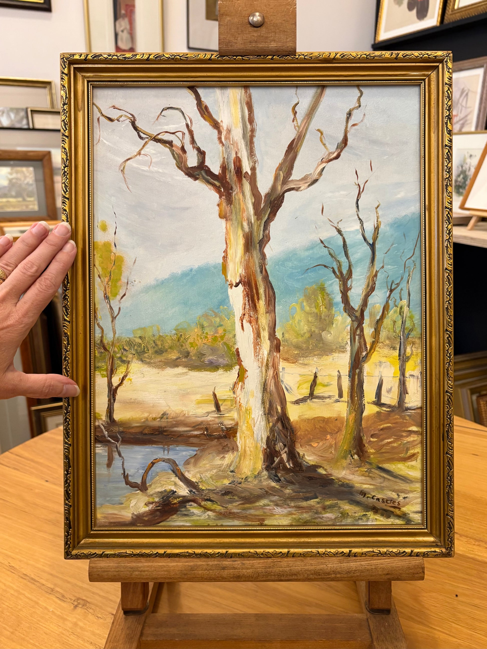 Mid Century original oil painting, River Gums, Australian landscape artwork
