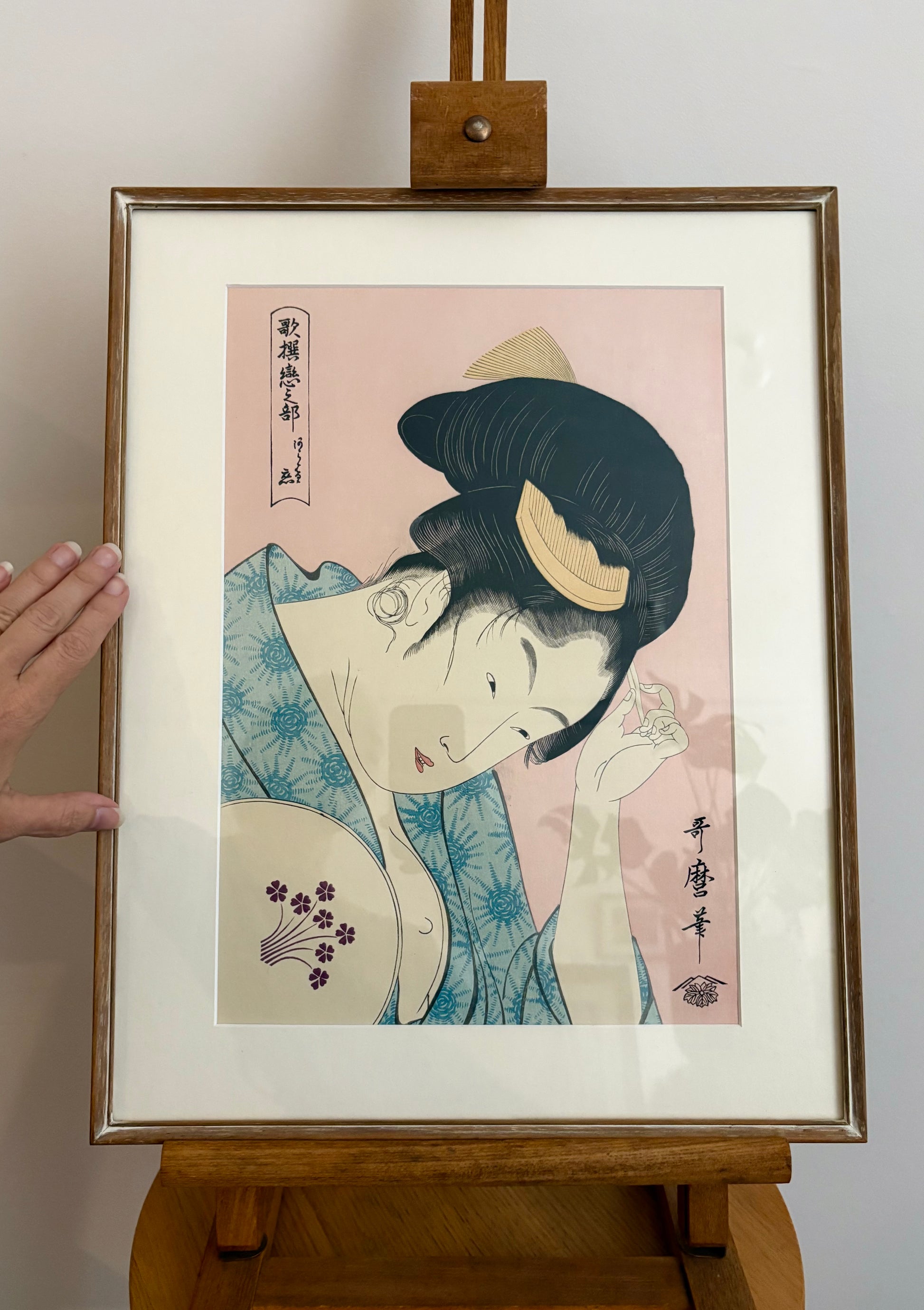 Original woodblock print, reproduction after Utamaro, framed Japanese vintage art