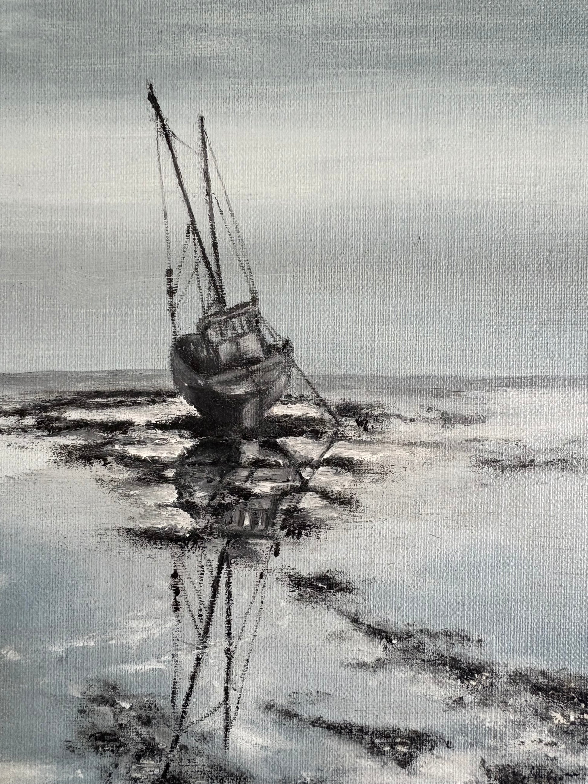 Original 1970s oil painting on board, vintage framed art, fishing