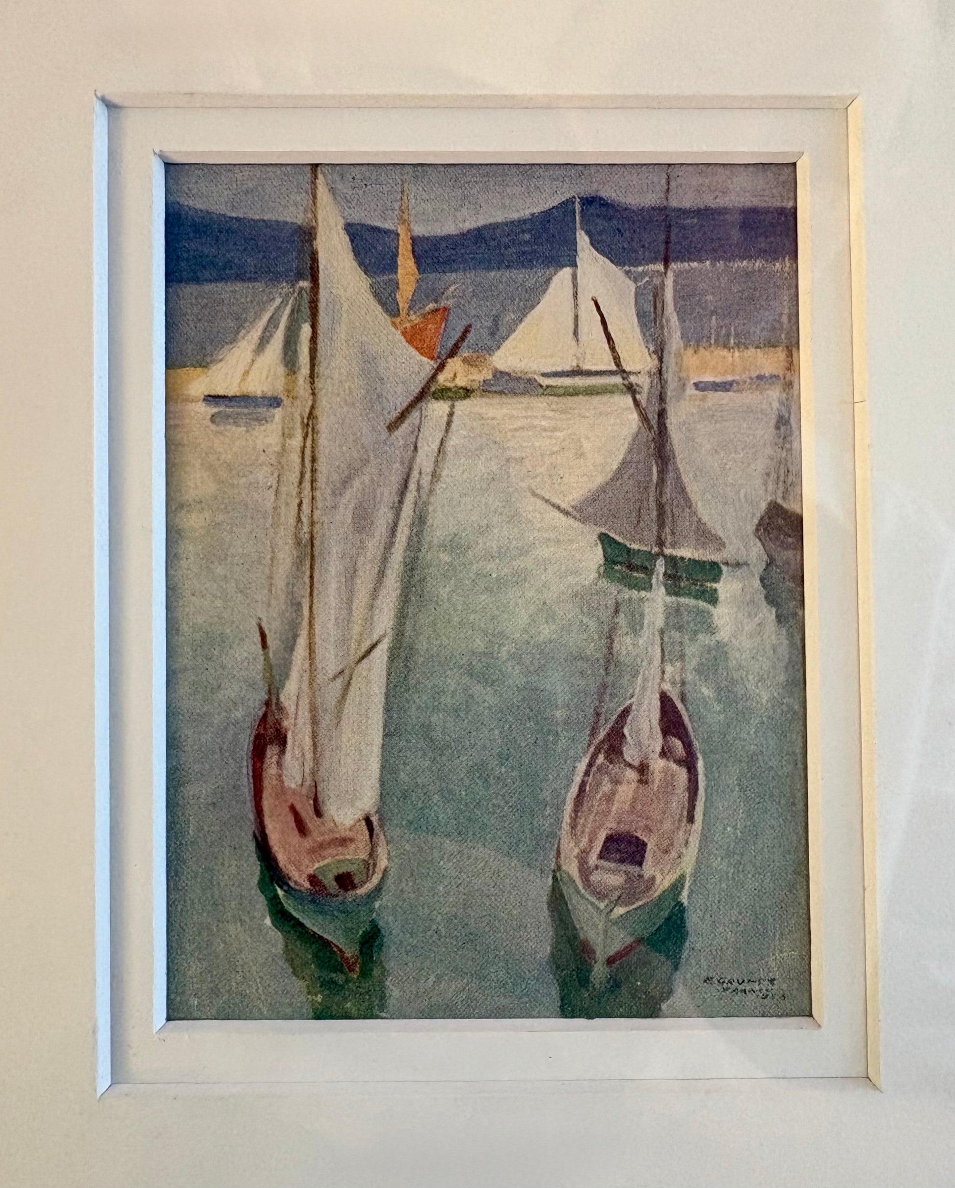 1925 Antique print, miniature, “Drying Sails”, Elioth Gruner, yachts, Australian framed artwork