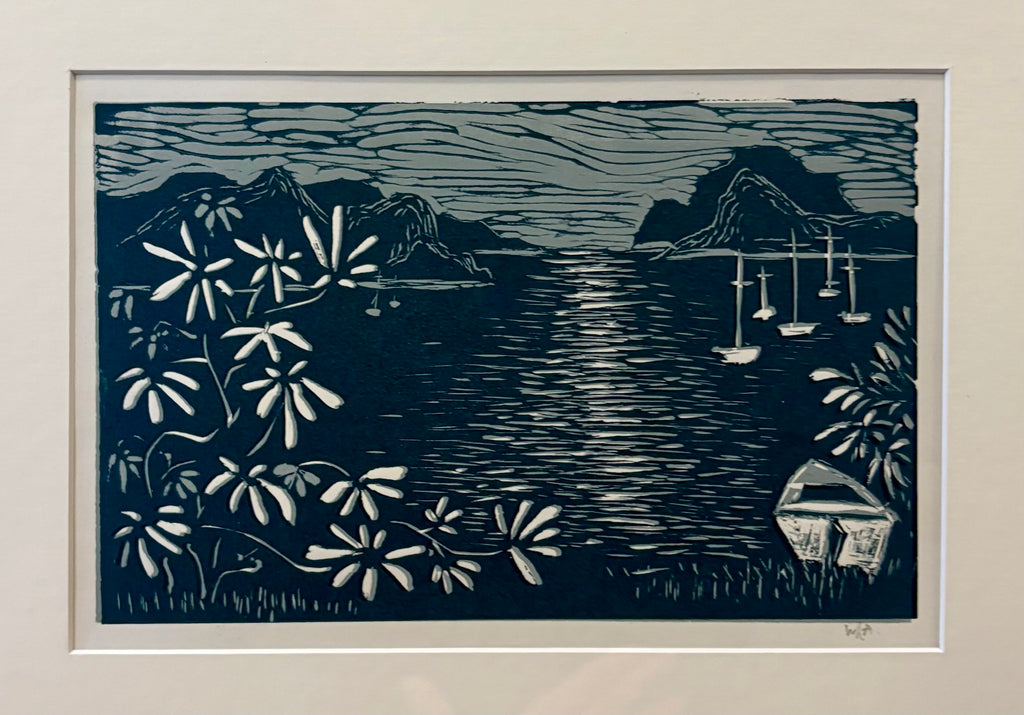 Vintage original linocut print, coastal scene, boats, signed framed art