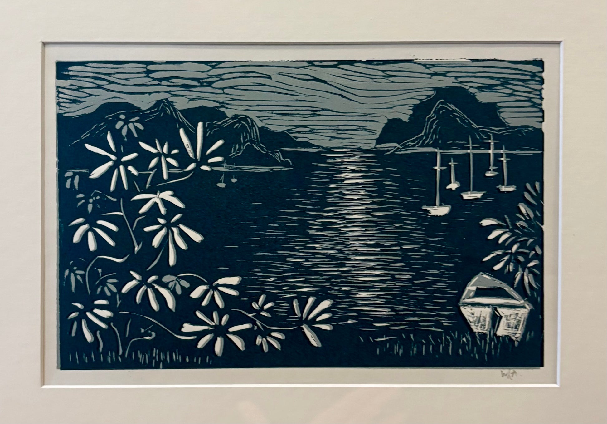 Vintage original linocut print, coastal scene, boats, signed framed art