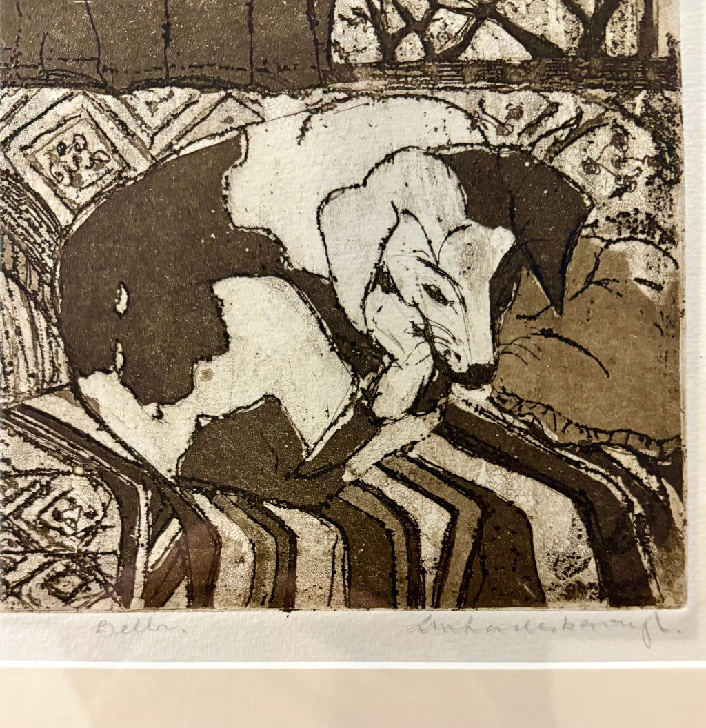 Vintage original dry point etching, dog, signed framed art