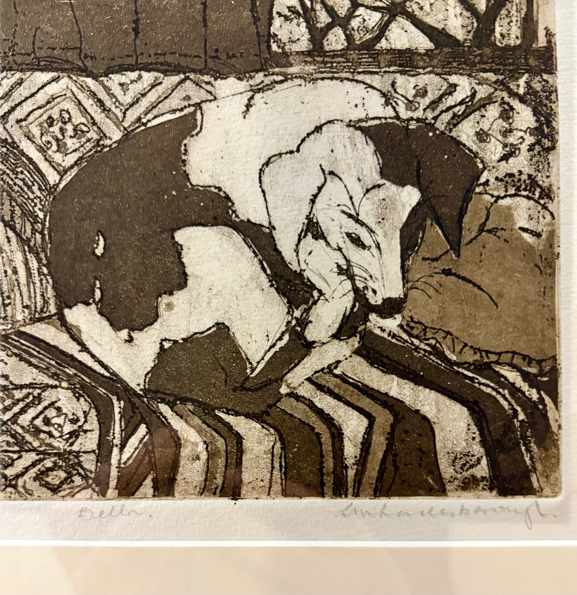 Vintage original dry point etching, dog, signed framed art