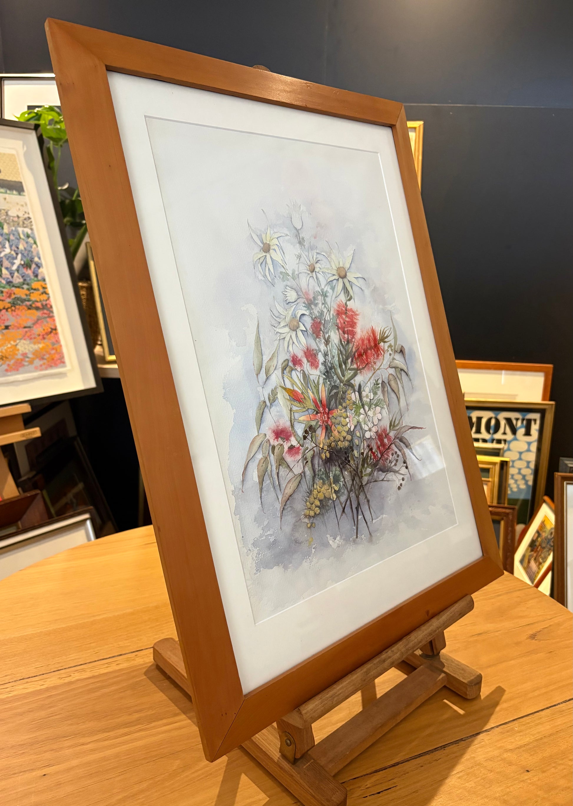 Original watercolour painting, native Australian flowers, Huon Pine frame, vintage