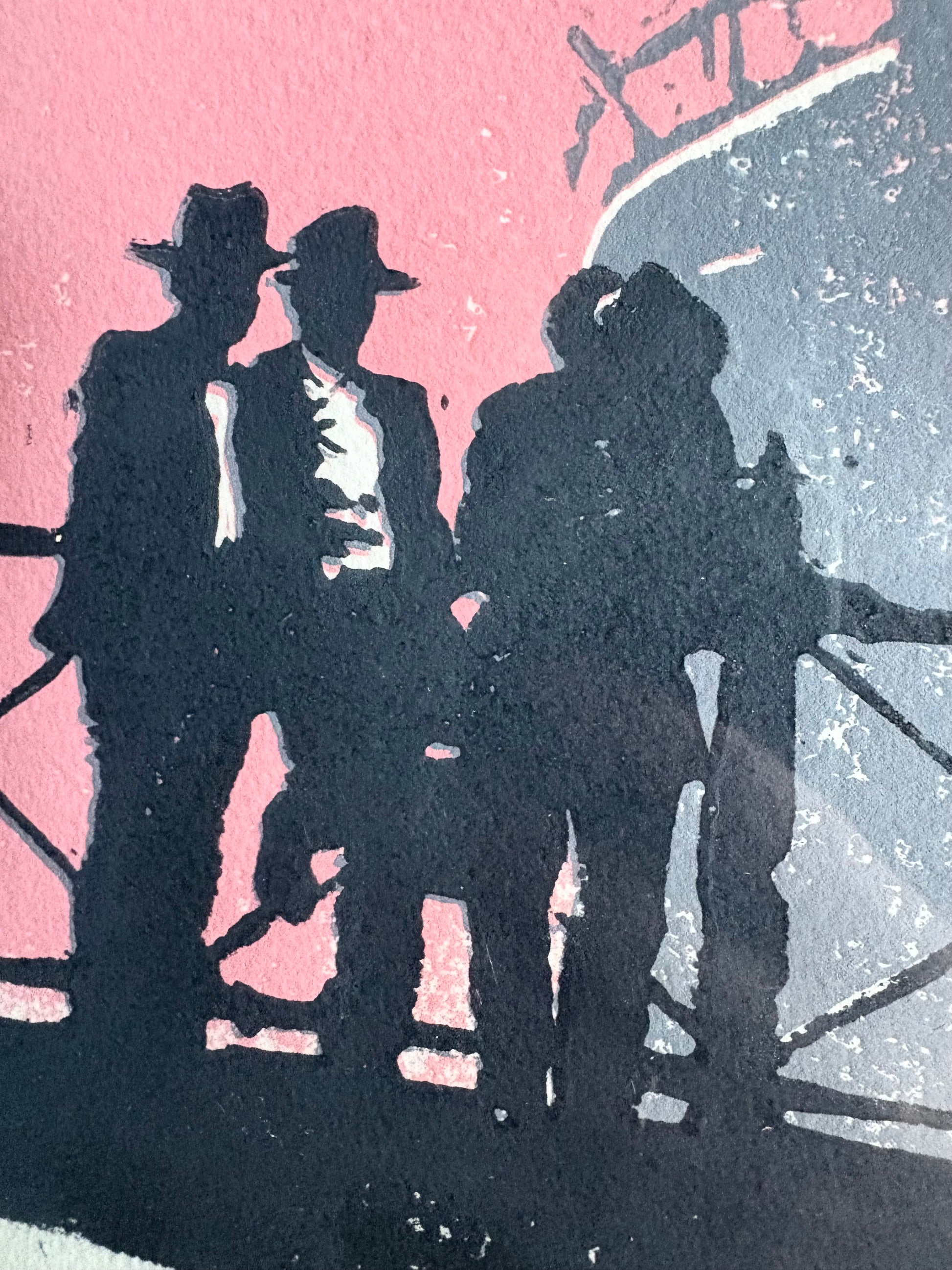 Original vintage lino print, signed R. Wilson, 1987, "The Wharfies", editioned 1/10, retro