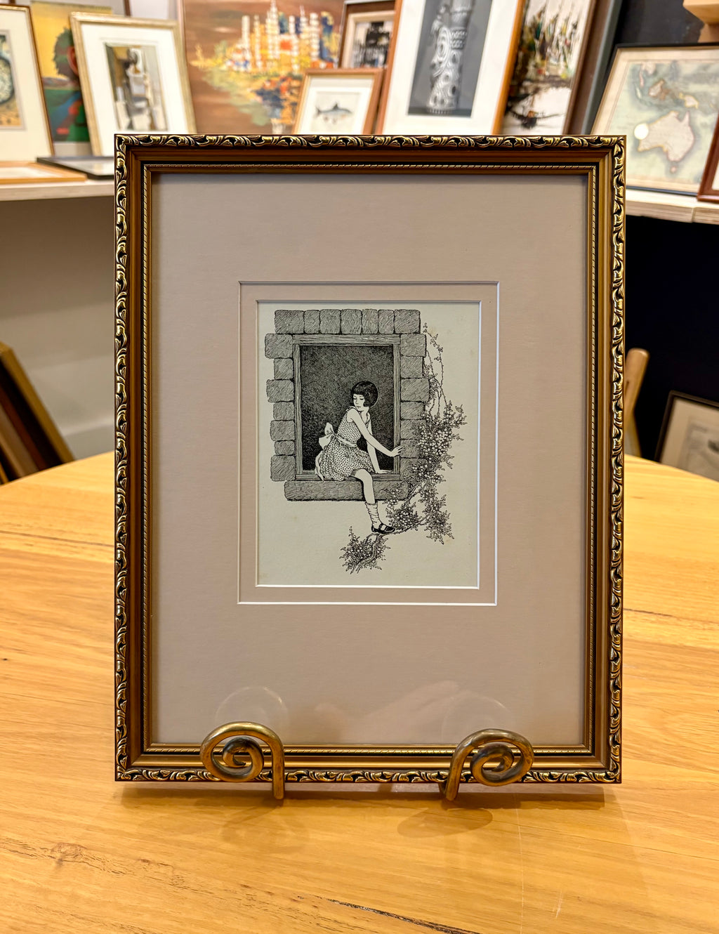 1930s Genuine antique print, Ida Rentoul Outhwaite, window, vintage framed art, gold