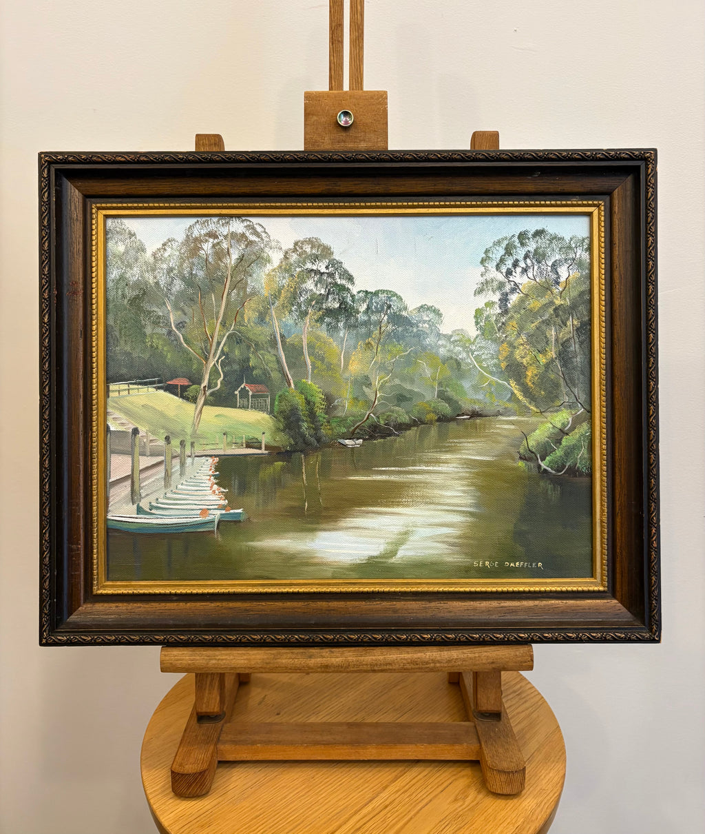 Original Serge Daeffler painting, Fairfield Boats, vintage framed artwork
