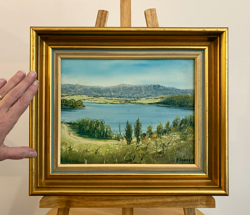 Original Australian landscape painting, vintage framed art, lake